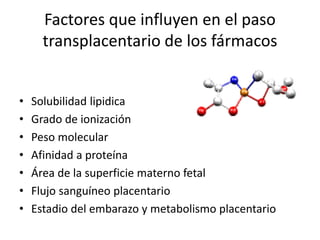 Factores que influyen en el paso 
transplacentario de los fármacos 
• Solubilidad lipidica 
• Grado de ionización 
• Peso molecular 
• Afinidad a proteína 
• Área de la superficie materno fetal 
• Flujo sanguíneo placentario 
• Estadio del embarazo y metabolismo placentario 
 