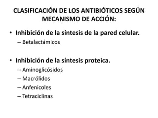 CLASIFICACIÓN DE LOS ANTIBIÓTICOS SEGÚN 
MECANISMO DE ACCIÓN: 
• Inhibición de la síntesis de la pared celular. 
– Betalactámicos 
• Inhibición de la síntesis proteica. 
– Aminoglicósidos 
– Macrólidos 
– Anfenicoles 
– Tetraciclinas 
 