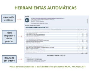 HERRAMIENTAS AUTOMÁTICAS 
Información 
genérica 
Tabla 
desglosada 
de las 
pruebas 
Resultado 
por criterio 
Pautas para la evaluación de la accesibilidad en las plataformas MOOC. ATICAcces 2014 
 