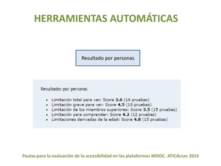 HERRAMIENTAS AUTOMÁTICAS 
Resultado por personas 
Pautas para la evaluación de la accesibilidad en las plataformas MOOC. ATICAcces 2014 
 