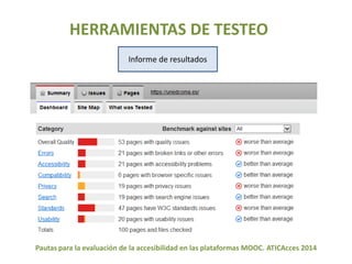 HERRAMIENTAS DE TESTEO 
Informe de resultados 
Pautas para la evaluación de la accesibilidad en las plataformas MOOC. ATICAcces 2014 
 