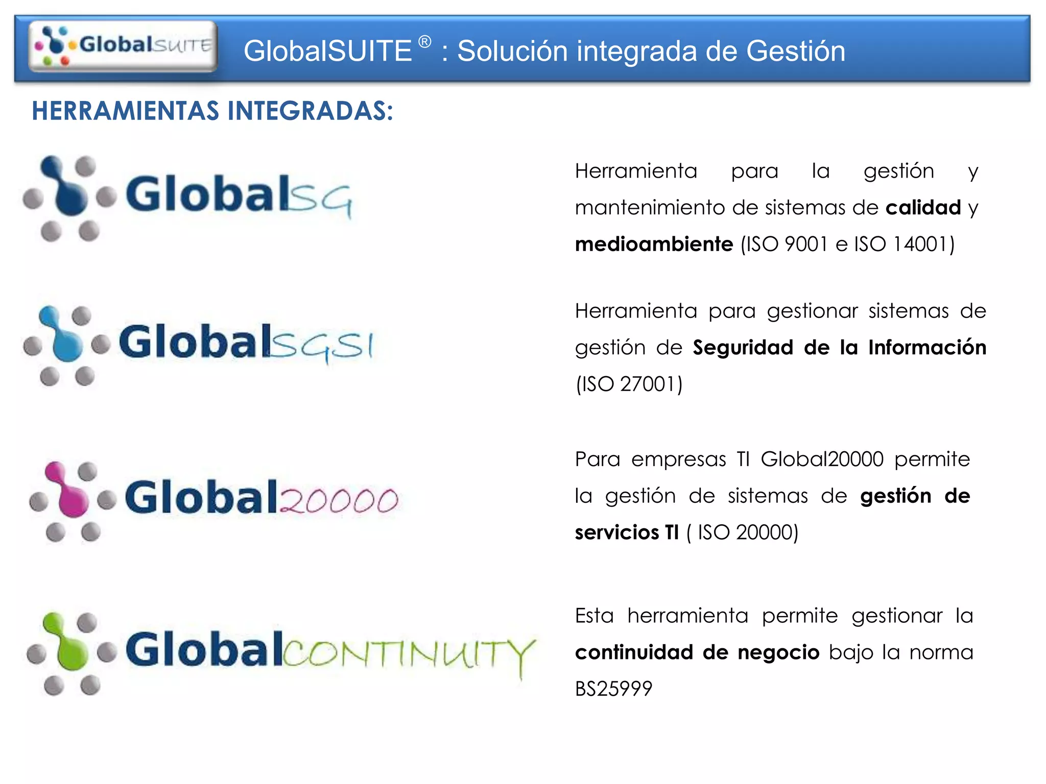 GlobalSUITE ® : Solución integrada de Gestión

HERRAMIENTAS INTEGRADAS:

                                      Herramienta      para       la   gestión   y
                                      mantenimiento de sistemas de calidad y
                                      medioambiente (ISO 9001 e ISO 14001)


                                      Herramienta para gestionar sistemas de
                                      gestión de Seguridad de la Información
                                      (ISO 27001)


                                      Para empresas TI Global20000 permite
                                      la gestión de sistemas de gestión de
                                      servicios TI ( ISO 20000)



                                      Esta herramienta permite gestionar la
                                      continuidad de negocio bajo la norma
                                      BS25999
 