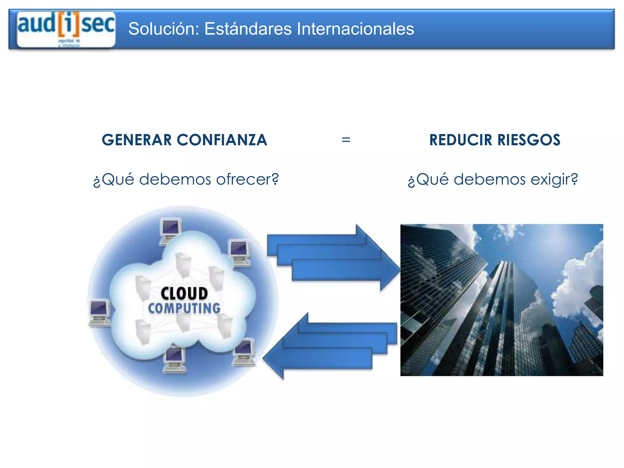 Solución: Estándares Internacionales




 GENERAR CONFIANZA            =            REDUCIR RIESGOS

¿Qué debemos ofrecer?                  ¿Qué debemos exigir?
 