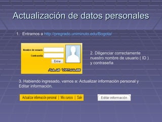 Actualización de datos personales
1. Entramos a http://pregrado.uniminuto.edu/Bogota/



                                       2. Diligenciar correctamente
                                       nuestro nombre de usuario ( ID )
                                       y contraseña



 3. Habiendo ingresado, vamos a: Actualizar información personal y
 Editar información.
 