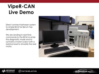 VipeR-CAN
Live Demo
Direct connect between system
to simple BCM for Bench Top
development.
We are sending in real time
commands to the BCM to enter
the diagnostic mode and to
activate a motor output with a
resistive load to simulate the real
motor,
 