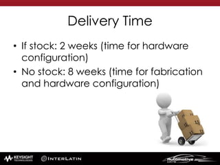 Delivery Time
• If stock: 2 weeks (time for hardware
configuration)
• No stock: 8 weeks (time for fabrication
and hardware configuration)
 