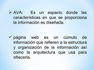 <ul><li>AVA:  Es un espacio donde las características en que se proporciona la información es diseñada. </li></ul><ul><li>...