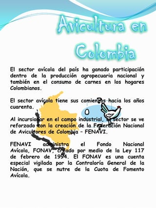 El sector avícola del país ha ganado participación
dentro de la producción agropecuaria nacional y
también en el consumo de carnes en los hogares
Colombianos.

El sector avícola tiene sus comienzos hacia los años
cuarenta.

Al incursionar en el campo industrial, el sector se ve
reforzado con la creación de la Federación Nacional
de Avicultores de Colombia – FENAVI.

FENAVI        administra   el    Fondo    Nacional
Avícola, FONAV, creado por medio de la Ley 117
de febrero de 1994. El FONAV es una cuenta
especial vigilada por la Contraloría General de la
Nación, que se nutre de la Cuota de Fomento
Avícola.
 
