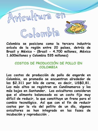 Colombia se posiciona como la tercera industria
avícola de la región entre 20 países, detrás de
Brasil y México – (Brasil - 4.700 millones, México
1.600millones y Colombia 535 millones)

     COSTOS DE PRODUCCIÓN DE POLLO EN
                 COLOMBIA

Los costos de producción de pollo de engorde en
Colombia, en promedio se encuentran alrededor de
los $2.311 por kilo de carne, es decir, US$0,81.
Los más altos se registran en Cundinamarca y los
más bajos en Santander. Los avicultores consideran
que el alimento balanceado es un costo fijo muy
difícil de reducir, lo que constituye un freno para el
cambio tecnológico. Así que con el fin de reducir
costos por la vía del pollito de un día, algunos
avicultores se han integrado en las fases de
incubación y reproducción .
 