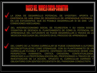 BASES DEL  MODELO SOCIO-COGNITIVO LA ZONA DE DESARROLLO POTENCIAL DE VYGOTSKY, APORTA LA EXISTENCIA DE UAN ZONA DE DESARROLLO DE APRENDIZAJE POTENCIAL EN LOS ESTUDIANTES, QUE ES POSIBLE DESARROLLAR SI SE DAN  LAS CONDICIONES ADECUADAS..  DEL INTERRACCIONISMO SOCIAL DE FEURESTEIN Y SU VISION SOCIO-COGNITIVA SE DESTACA EL PLANTEAMIENTO DE CÓMO EL POTENCIAL DE APRENDIZAJE DEL ESTUDIANTE SE PUEDE DESARROLLAR A TRAVES DE LA MEDICION ADECUADA DEL DOCENTE EN EL PROCESO DE APRENDIZAJE DEL CAMPO DE LA TEORIA CURRICULAR SE PUEDE CONSIDERAR A AUTORES RECONCEPTUALISTAS COMO STENHOUSE, CON SU PLANTEAMINETO DE UN CURRICULUM FLEXIBLE Y ABIERTO, CENTRADO EN PROCESOS DESDE UNA PERSPECTIVA HUMANISTA, CRITICA, CREADORA, CONTEXTUALIZADA, ORIENTADO A LA PROFESIONALIZACION DEL PROFESORADO A TRAVES DE LA INVESTIGACION DE LA ACCION., OPUESTO AL CURRICULUM CERRADO Y OBLIGATORIO CON SENTIDO EFICIENTISTA DEL PARADIGMA CONDUCTISTA. 
