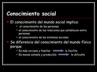 Conocimiento social El conocimiento del mundo social implica: el conocimiento de las personas el conocimiento de las relaciones que establecen entre personas el conocimiento de los sistemas sociales Se diferencia del conocimiento del mundo físico porque Es más cercano y familiar  lo facilita Es menos estable y predecible  lo dificulta 