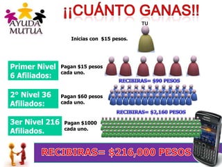 Primer Nivel
6 Afiliados:
Inicias con $15 pesos.
Pagan $1000
cada uno.
2° Nivel 36
Afiliados:
Pagan $60 pesos
cada uno.
3er Nivel 216
Afiliados.
Pagan $15 pesos
cada uno.
 