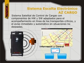 Sistema Escolta Electrónico  AZ CARGO   Sistema Satelital de Control de Cargas con componentes de HW y SW adaptados para el acompañamiento en línea de los transportes críticos, y el aviso inmediato y automático en situaciones no deseadas. Información y Control 