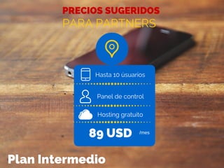 PRECIOS SUGERIDOS
PARA PARTNERS
Hasta 10 úsuarios
Panel de control
89 USD /mes
Hosting gratuito
Plan Intermedio
 