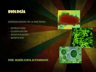 BIOLOGÍA
GENERALIDADES DE LA BACTERIA:
-

ESTRUCTURA
CLASIFICACIÓN
IDENTIFICACIÓN
BENEFICIOS

POR: MARÍA LUISA ALTAMIRANO

 