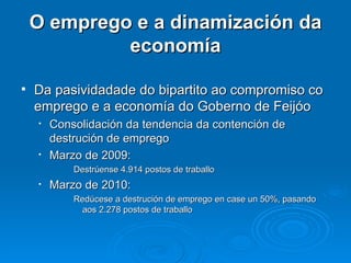 O emprego e a dinamización da economía Da pasividadade do bipartito ao compromiso co emprego e a economía do Goberno de Feijóo Consolidación da tendencia da contención de destrución de emprego Marzo de 2009: Destrúense 4.914 postos de traballo Marzo de 2010: Redúcese a destrución de emprego en case un 50%, pasando aos 2.278 postos de traballo 