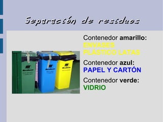 Separación de residuosSeparación de residuos
Contenedor amarillo:
ENVASES
PLÁSTICO LATAS
Contenedor azul:
PAPEL Y CARTÓN
Contenedor verde:
VIDRIO
 