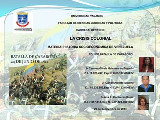 UNIVERSIDAD YACAMBU
FACULTAD DE CIENCIAS JURIDICAS Y POLITICAS
CARRERA: DERECHO
LA CRISIS COLONIAL
MATERIA: HISTORIA SOCIOECONOMICA DE VENEZUELA
EQUIPO BATALLA DE CARABOBO
1- Carmen Gisela Grisman de Bogarin
C.I. 11.823.492, Exp N. CJP-102-00082V
2- Carlos Alberto Medina
C.I. 15.236.602,Exp N. CJP-123-00053V
3- Ana E. Contreras Rojas
C.I. 7.317.818, Exp N. CJP-123-000100V
20 de Septiembre de 2013
BATALLA DE CARABOBO
24 DE JUNIO DE 1821
 