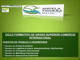 CICLO FORMATIVO DE GRADO SUPERIOR COMERCIO
INTERNACIONAL
PUESTOS DE TRABAJO A DESEMPEÑAR
Técnico en Comercio Exterior.
Técnico en Logística.(compra, almacenamiento, distribución).
Técnico en Transporte Internacional.
Técnico en Marketing Internacional.
Técnico en Operaciones Exteriores.
 
