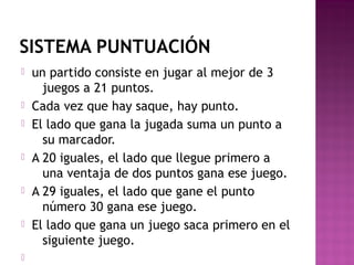 SISTEMA PUNTUACIÓN













un partido consiste en jugar al mejor de 3
juegos a 21 puntos.
Cada vez que hay saque, hay punto.
El lado que gana la jugada suma un punto a
su marcador.
A 20 iguales, el lado que llegue primero a
una ventaja de dos puntos gana ese juego.
A 29 iguales, el lado que gane el punto
número 30 gana ese juego.
El lado que gana un juego saca primero en el
siguiente juego.

 