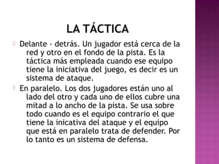 LA TÁCTICA




Delante - detrás. Un jugador está cerca de la
red y otro en el fondo de la pista. Es la
táctica más empleada cuando ese equipo
tiene la iniciativa del juego, es decir es un
sistema de ataque.
En paralelo. Los dos jugadores están uno al
lado del otro y cada uno de ellos cubre una
mitad a lo ancho de la pista. Se usa sobre
todo cuando es el equipo contrario el que
tiene la inicativa del ataque y el equipo
que está en paralelo trata de defender. Por
lo tanto es un sistema de defensa.

 