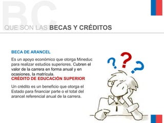 BC
QUE SON LAS BECAS Y CRÉDITOS


 BECA DE ARANCEL
 Es un apoyo económico que otorga Mineduc
 para realizar estudios superiores. Cubren el
 valor de la carrera en forma anual y en
 ocasiones, la matrícula.
 CRÉDITO DE EDUCACIÓN SUPERIOR
 Un crédito es un beneficio que otorga el
 Estado para financiar parte o el total del
 arancel referencial anual de la carrera.
 