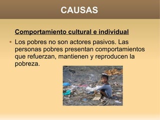 CAUSAS

    Comportamiento cultural e individual
   Los pobres no son actores pasivos. Las
    personas pobres presentan comportamientos
    que refuerzan, mantienen y reproducen la
    pobreza.
 