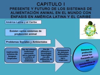 CAPITULO I
PRESENTE Y FUTURO DE LOS SISTEMAS DE
ALIMENTACIÓN ANIMAL EN EL MUNDO CON
ÉNFASIS EN AMÉRICA LATINA Y EL CARIBE
América Latina y el Caribe
Existen varios sistemas de
producción animal
Problemas Sociales y Ambientales
 