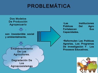 PROBLEMÁTICA
son insostenible social
y ambientalmente.
Dos Modelos
De Producción
Agropecuario
•Las Instituciones
Públicas Del Agro
Fortalezcan Sus
Capacidades.
•Reformulen Las Políticas
Agrarias, Los Programas
De Investigación Y Los
Procesos Educativos.Empobrecimiento
De Los
Agricultores.
y
Degradación De
Los
Agroecosistemas
.
 