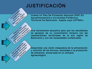 JUSTIFICACIÓN
La
U
niversidad
P
olitécnica
Territorial D
e
Barlovento
Argelia
Laya
(U
PTBA
L)
R
ealizar
U
na
Investigación
D
ocum
enta
sobre
la
alim
entación
alternativa
y
sustentable
de
bovinos
en
el trópico.
Q
ue
los
estudiantes
cursantes
de
la
unidad
curricular
A
lim
entación
y
N
utrición
A
nim
al
A
lternativa
Una herramienta educativa para que los estudiantes
se apropien de un conocimiento cónsono con las
características territoriales de la sub región de
Barlovento y con las necesidades contextuales.
Cuenta Un Plan De Formación Nacional (PNF) En
AgroalimentaciónLa Universidad Politécnica
Territorial De Barlovento Argelia Laya (UPTBAL)
.
Desarrollar una visión integradora de la alimentación
y nutrición de los bovinos, asociadas a la producción
de alimentos, enmarcada en un enfoque
agroecológico
 