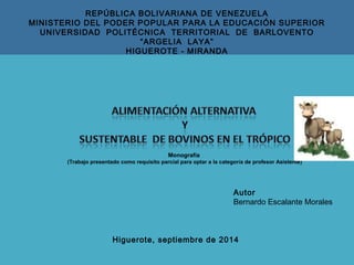 REPÚBLICA BOLIVARIANA DE VENEZUELA
MINISTERIO DEL PODER POPULAR PARA LA EDUCACIÓN SUPERIOR
UNIVERSIDAD POLITÉCNICA TERRITORIAL DE BARLOVENTO
“ARGELIA LAYA”
HIGUEROTE - MIRANDA
Autor
Bernardo Escalante Morales
Higuerote, septiembre de 2014
Monografía
(Trabajo presentado como requisito parcial para optar a la categoría de profesor Asistente)
 