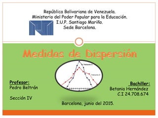 República Bolivariana de Venezuela.
Ministerio del Poder Popular para la Educación.
I.U.P. Santiago Mariño.
Sede Barcelona.
Profesor:
Pedro Beltrán
Sección IV
Bachiller:
Betania Hernández
C.I 24.708.674
Barcelona, junio del 2015.
 