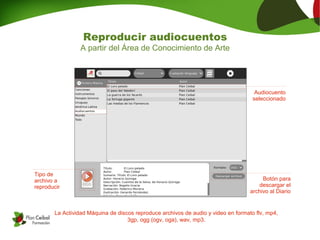 Reproducir audiocuentos
A partir del Área de Conocimiento de Arte
Audiocuento
seleccionado
Tipo de
archivo a
reproducir
Botón para
descargar el
archivo al Diario
La Actividad Máquina de discos reproduce archivos de audio y video en formato flv, mp4,
3gp, ogg (ogv, oga), wav, mp3.
 