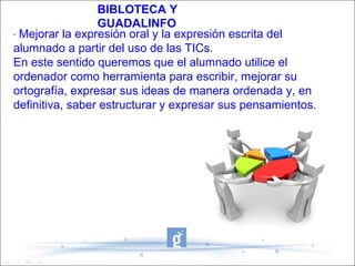 BIBLOTECA Y
                 GUADALINFO
· Mejorar la expresión oral y la expresión escrita del
alumnado a partir del uso de las TICs.
En este sentido queremos que el alumnado utilice el
ordenador como herramienta para escribir, mejorar su
ortografía, expresar sus ideas de manera ordenada y, en
definitiva, saber estructurar y expresar sus pensamientos.
 
