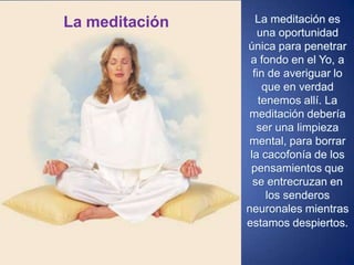 La meditaciónLa meditación es una oportunidad única para penetrar a fondo en el Yo, a fin de averiguar lo que en verdad tenemos allí. La meditación debería ser una limpieza mental, para borrar la cacofonía de los pensamientos que se entrecruzan en los senderos neuronales mientras estamos despiertos.