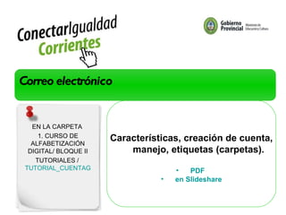 PRIMER TALLER: Doble clic Correo electrónico Características, creación de cuenta, manejo, etiquetas (carpetas). PDF  en Slideshare EN LA CARPETA  1. CURSO DE ALFABETIZACIÓN DIGITAL/ BLOQUE II TUTORIALES /  TUTORIAL_CUENTAGMAIL 