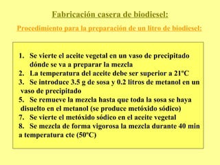 Fabricación casera de biodiesel: Procedimiento para la preparación de un litro de biodiesel: Se vierte el aceite vegetal en un vaso de precipitado dónde se va a preparar la mezcla 2.  La temperatura del aceite debe ser superior a 21ºC 3.  Se introduce 3.5 g de sosa y 0.2 litros de metanol en un vaso de precipitado Se remueve la mezcla hasta que toda la sosa se haya disuelto en el metanol (se produce metóxido sódico) Se vierte el metóxido sódico en el aceite vegetal Se mezcla de forma vigorosa la mezcla durante 40 min a temperatura cte (50ºC) 