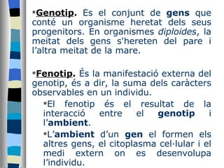 Genotip .  És el conjunt de  gens  que conté un organisme heretat dels seus progenitors. En organismes  diploides , la meitat dels gens s'hereten del pare i l’altra meitat de la mare. Fenotip .   És la manifestació externa del genotip, és a dir, la suma dels caràcters observables en un individu. El fenotip és el resultat de la interacció entre el  genotip  i l’ ambient . L’ ambient  d’un  gen  el formen els altres gens, el citoplasma cel·lular i el medi extern on es desenvolupa l’individu.  