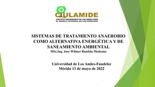 SISTEMAS DE TRATAMIENTO ANAEROBIO
COMO ALTERNATIVA ENERGÉTICA Y DE
SANEAMIENTO AMBIENTAL
MSc.Ing. Jose Wilmer Runfola Medrano
Universidad de Los Andes-Fundelec
Mérida 13 de mayo de 2022
 