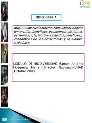 BIBLIOGRAFIA


http://www.elcolombiano.com/BancoConocim
iento/L/los_beneficios_economicos_de_los_ec
osistemas_y_la_biodiversidad/los_beneficios_
economicos_de_los_ecosistemas_y_la_biodive
rsidad.asp




MODULO DE BIODIVERSIDAD Ramón Antonio
Mosquera Mena (Director Nacional)-UNAD
,Octubre 2009.
 