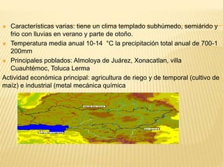  Características varias: tiene un clima templado subhúmedo, semiárido y
frio con lluvias en verano y parte de otoño.
 Temperatura media anual 10-14 °C la precipitación total anual de 700-1
200mm
 Principales poblados: Almoloya de Juárez, Xonacatlan, villa
Cuauhtémoc, Toluca Lerma
Actividad económica principal: agricultura de riego y de temporal (cultivo de
maíz) e industrial (metal mecánica química)
 
