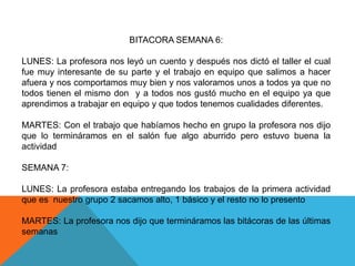 BITACORA SEMANA 6:
LUNES: La profesora nos leyó un cuento y después nos dictó el taller el cual
fue muy interesante de su parte y el trabajo en equipo que salimos a hacer
afuera y nos comportamos muy bien y nos valoramos unos a todos ya que no
todos tienen el mismo don y a todos nos gustó mucho en el equipo ya que
aprendimos a trabajar en equipo y que todos tenemos cualidades diferentes.
MARTES: Con el trabajo que habíamos hecho en grupo la profesora nos dijo
que lo termináramos en el salón fue algo aburrido pero estuvo buena la
actividad
SEMANA 7:
LUNES: La profesora estaba entregando los trabajos de la primera actividad
que es nuestro grupo 2 sacamos alto, 1 básico y el resto no lo presento
MARTES: La profesora nos dijo que termináramos las bitácoras de las últimas
semanas
 