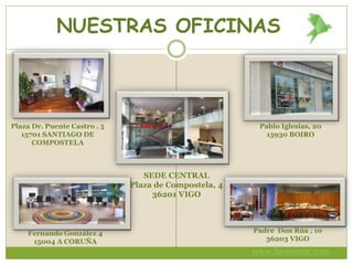 NUESTRAS OFICINAS
SEDE CENTRAL
Plaza de Compostela, 4
36201 VIGO
Plaza Dr. Puente Castro , 5
15701 SANTIAGO DE
COMPOSTELA
Pablo Iglesias, 20
15930 BOIRO
Fernando González 4
15004 A CORUÑA
Padre Don Rúa , 10
36203 VIGO
www.bivestour.com
 