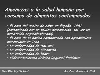 Amenazas a la salud humana por
  consumo de alimentos contaminados
    • El caso del aceite de colza en España, 1981
    (contaminado con un tóxico desconocido, tal vez un
    nematicida organofosforado)
    • El caso de la harina contaminada con agroquímicos
    mercuriales en Iraq
    • La enfermedad de itai-itai
    • La enfermedad de Minamata
    • La enfermedad de konzo
    • Hidroarsenicismo Crónico Regional Endémico


Foro Minería y Sociedad               San Juan, Octubre de 2010
 