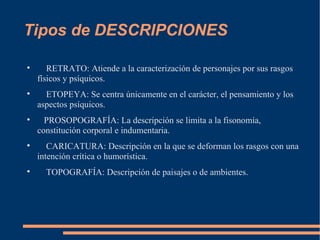Tipos de DESCRIPCIONES RETRATO: Atiende a la caracterización de personajes por sus rasgos físicos y psíquicos. ETOPEYA: Se centra únicamente en el carácter, el pensamiento y los aspectos psíquicos. PROSOPOGRAFÍA: La descripción se limita a la fisonomía, constitución corporal e indumentaria. CARICATURA: Descripción en la que se deforman los rasgos con una intención crítica o humorística. TOPOGRAFÍA: Descripción de paisajes o de ambientes. 