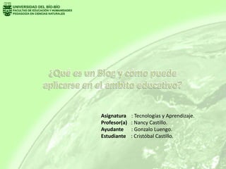 Asignatura : Tecnologías y Aprendizaje.
Profesor(a) : Nancy Castillo.
Ayudante : Gonzalo Luengo.
Estudiante : Cristóbal Castillo.
 
