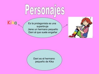 Personajes Es la protagonista es una superbruja ,tiene un hermano pequeño Dani al que suele engañar K i k a Dani es el hermano pequeño de Kika