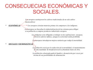 CONSECUECIAS ECONÓMICAS Y
SOCIALES.
Los europeos sustituyeron los cultivos tradicionales de un solo cultivo
(monocultivo)

ECONÓMICAS Los europeos extraían materias primas sin compensar a los indígenas.
Los europeos no buscaban la industrialización de las colonias para obligar
a su población a comprar productos industriales europeos.
Los indígenas eran obligadas a trabajar en las explotaciones europeas,
cobraron salarios ínfimos, aunque la esclavitud estaba prohibida.
Los europeos introdujeron mejora sanitaria que redujo la mortalidad.

SOCIALES Y DEMOGRÁFICAS
La población creció por la reducción de la mortalidad y el mantenimiento
de alta natalidad. Se beneficiaron de la abundante mano de obra.
La población colonizada padeció hambre y desnutrición por crecer por
encima de sus posibilidades de alimentación.
 