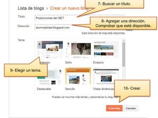 7- Buscar un título.
8- Agregar una dirección.
Comprobar que esté disponible.
9- Elegir un tema.
10- Crear.
 