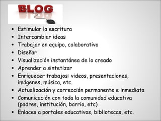•   Estimular la escritura
•   Intercambiar ideas
•   Trabajar en equipo, colaborativo
•   Diseñar
•   Visualización instantánea de lo creado
•   Aprender a sintetizar
•   Enriquecer trabajos: videos, presentaciones,
    imágenes, música, etc.
•   Actualización y corrección permanente e inmediata
•   Comunicación con toda la comunidad educativa
    (padres, institución, barrio, etc)
•   Enlaces a portales educativos, bibliotecas, etc.
 